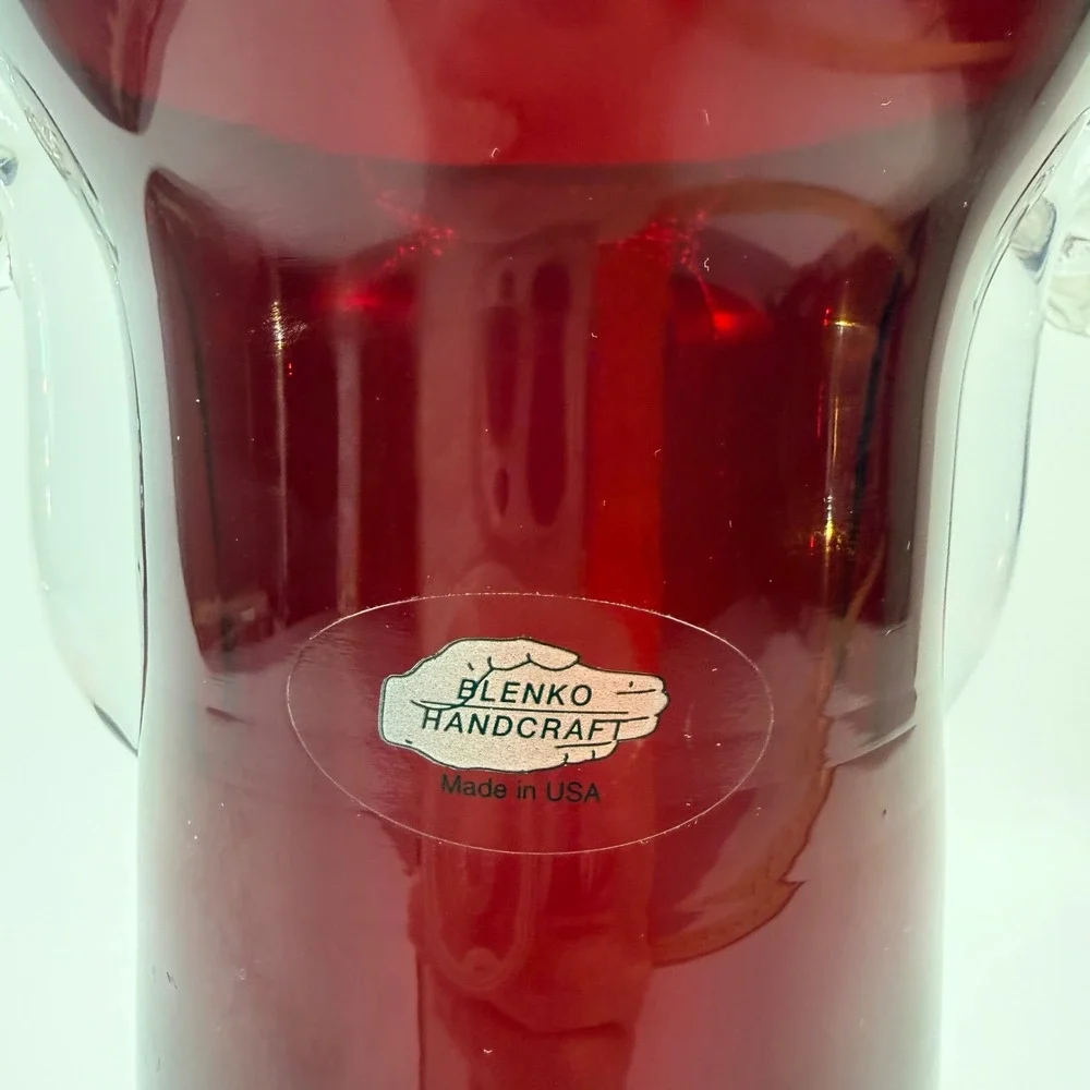 Blenko Ruby Red Glass Vase Non-Catalog Applied Clear Scroll Handles Silver Label